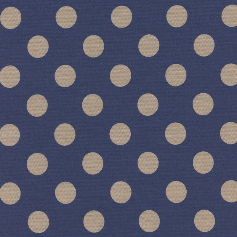 Navy blue fabric with evenly spaced beige polka dots arranged in a grid pattern.