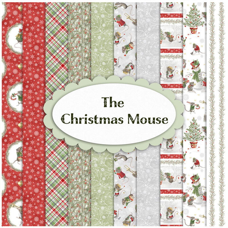 Digital collage of 10 of the 11 fabrics available in The Christmas Mouse flannel collection.