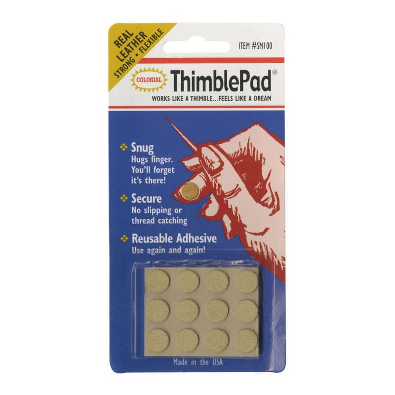 ThimblePad packaging featuring a hand holding a needle with text highlighting its snug fit and reusable adhesive.