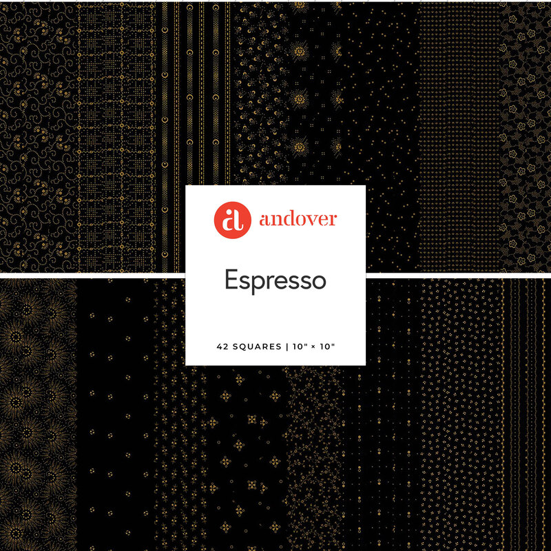 A stacked collage of dark black fabrics with golden accents and an Andover tag center