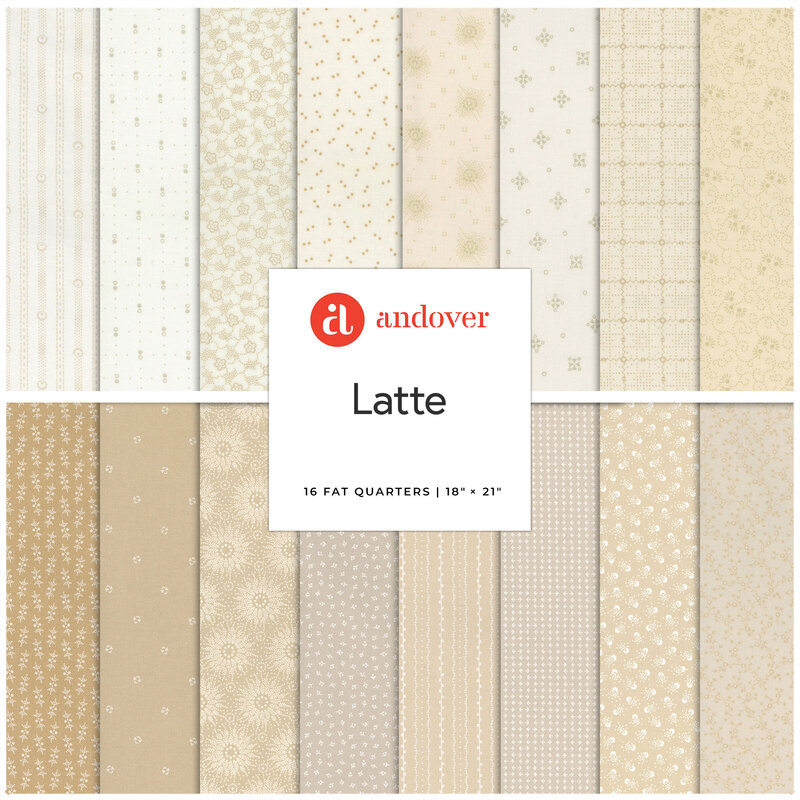 A collage of fabrics ranging from white to light tan in the Latte fabric collection