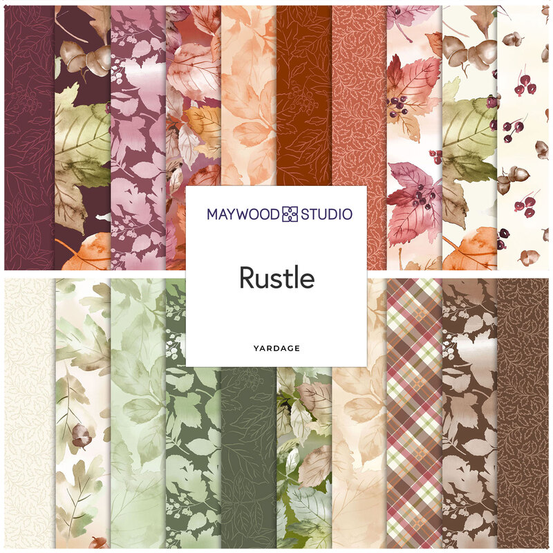 Fabric samples featuring autumn leaves and floral designs in warm colors, labeled Rustle.