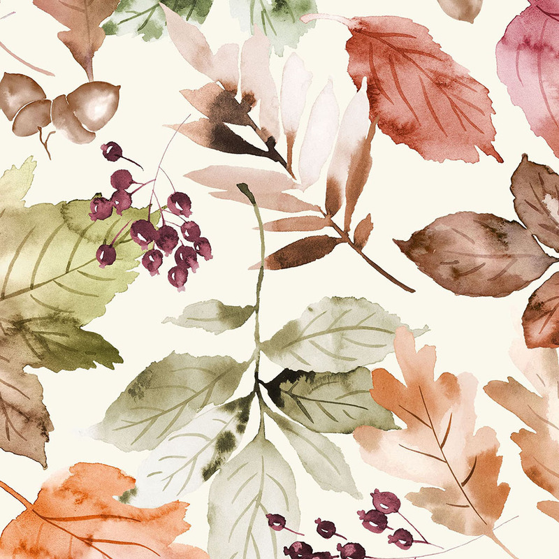 A pattern of watercolor leaves and berries in autumn colors on a light background.