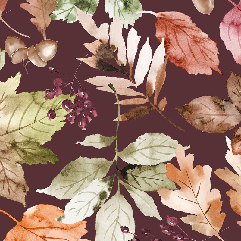 A pattern of colorful fall leaves and acorns on a deep maroon background.