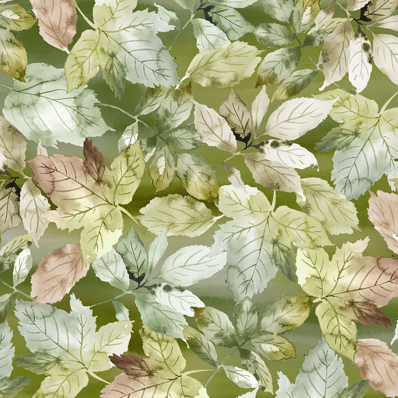 A seamless pattern of various green and brown watercolor leaves on a soft, green background.