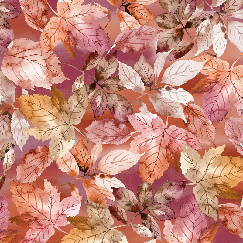 A vibrant, colorful pattern of autumn leaves in shades of orange, pink, and brown on a soft background.