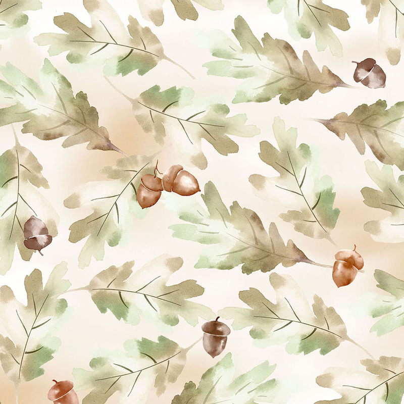 Pattern of green oak leaves and acorns on a light beige background, featuring soft watercolor style.