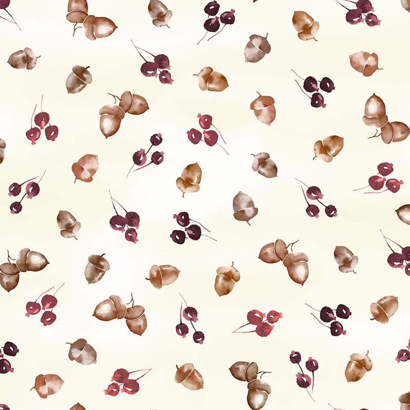 Pattern of watercolor acorns and cherries in earthy tones on a light background.