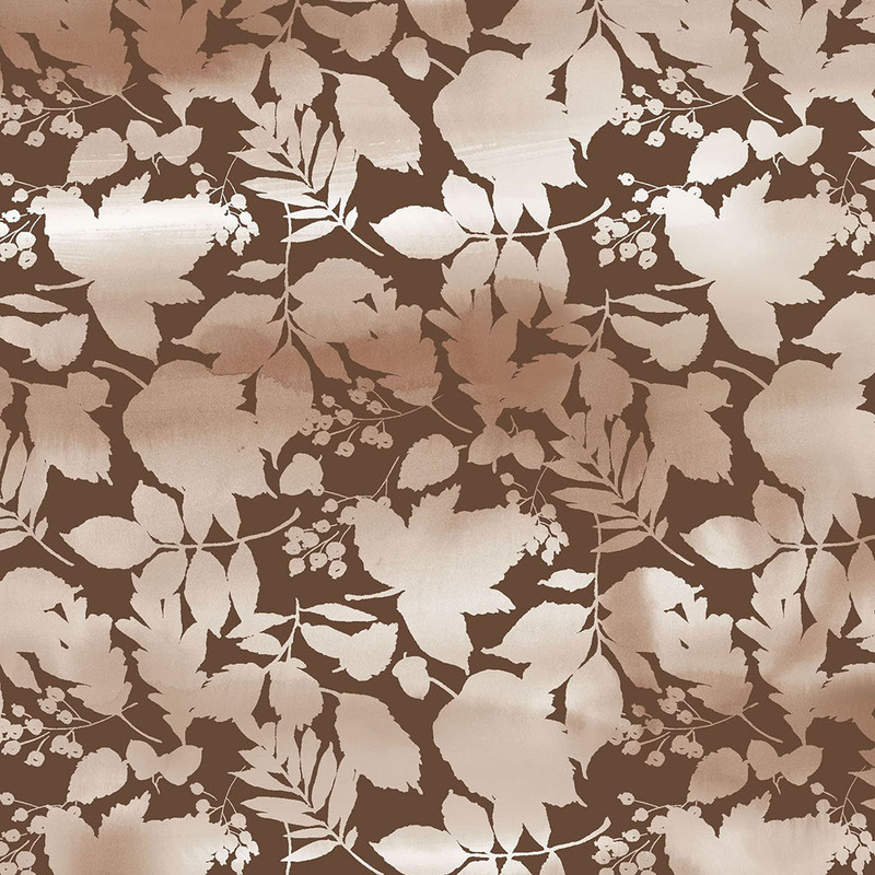 Seamless floral pattern featuring leaf and berry silhouettes in shades of beige on a brown background.