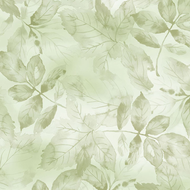 A soft, pastel green background featuring a pattern of delicate watercolor leaves.