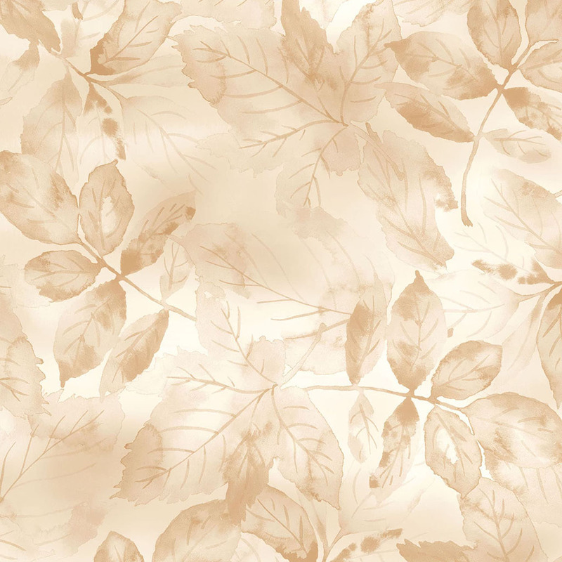 Light beige background with softly painted leaves in varying shades of brown.