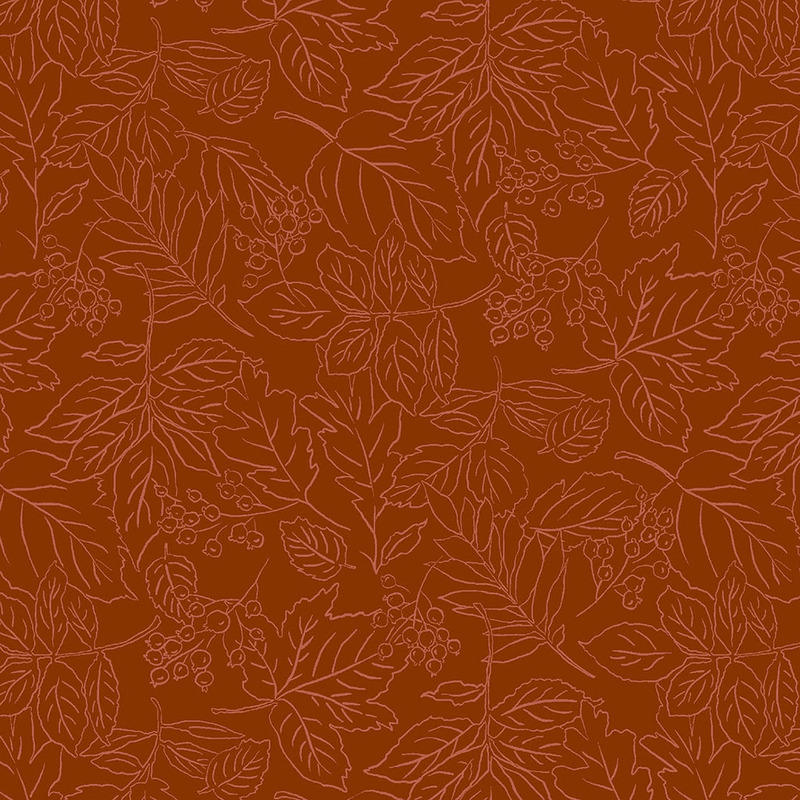 A seamless pattern of line-drawn leaves and berries on a brown background.