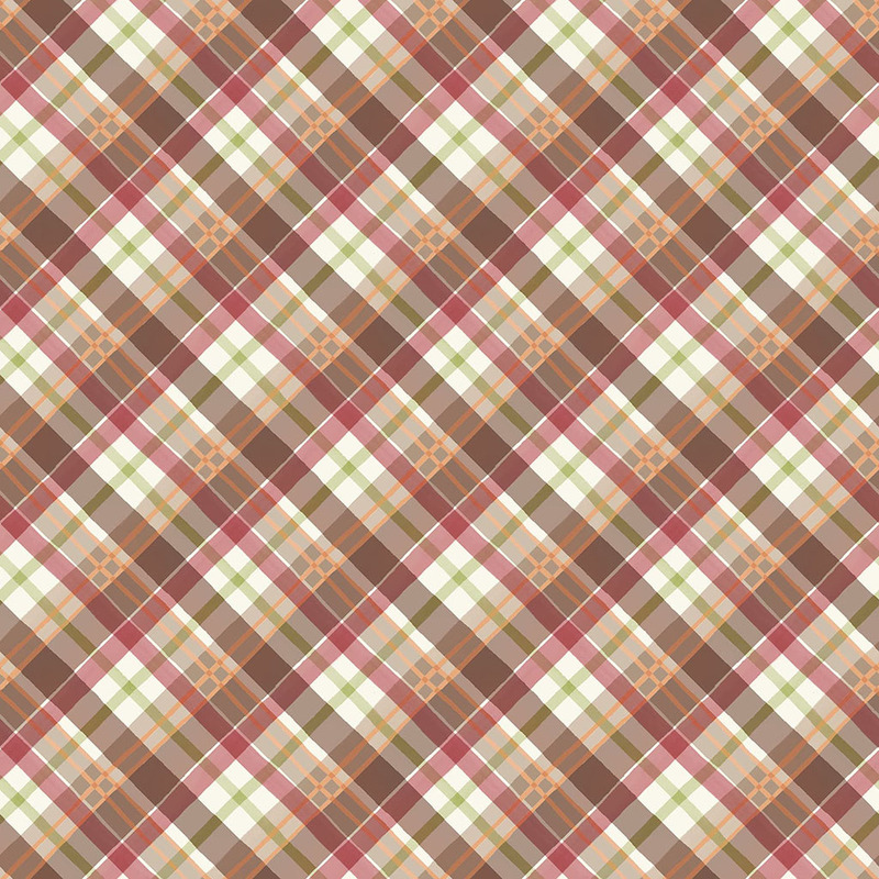 Diagonal plaid pattern featuring brown, green, white, and orange squares and stripes.