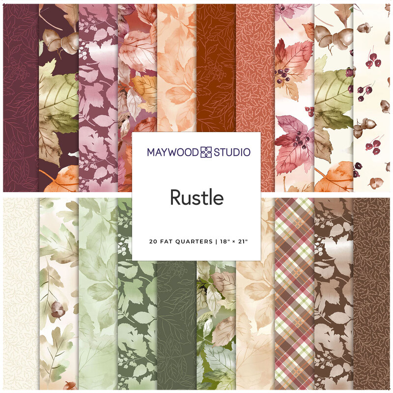 A collection of 20 fat quarters in autumn colors and leaf patterns, labeled Rustle by Maywood Studio.