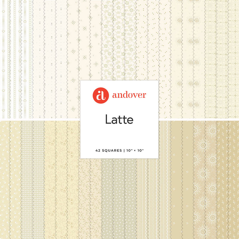 A collage of fabrics ranging from white to light tan in the Latte fabric collection