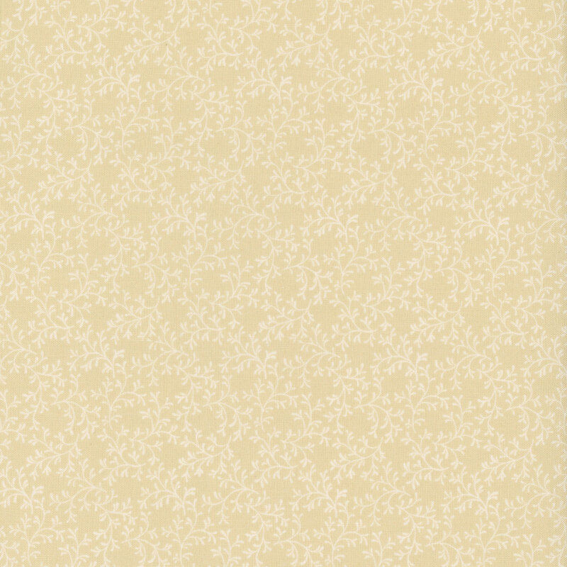 Light beige background with subtle, intertwining vine and leaf patterns.