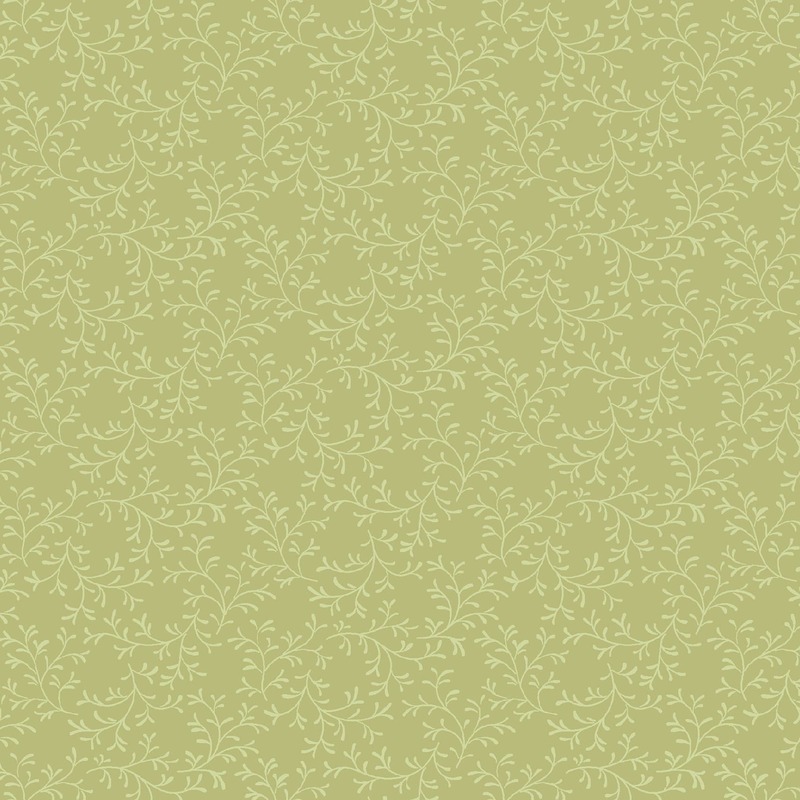 Light olive green background with subtle, intertwining vine and leaf patterns.