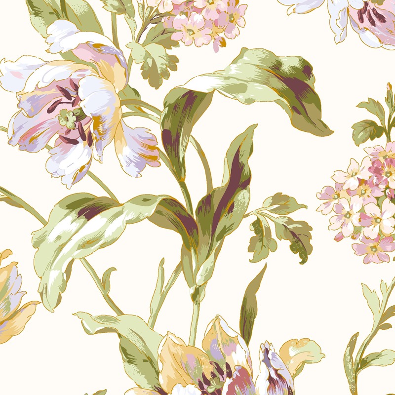 Floral pattern with soft purple, pink, and yellow flowers against a cream background.