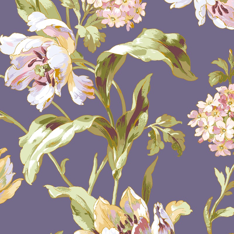 Floral pattern with soft purple, pink, and yellow flowers against a mauve background.