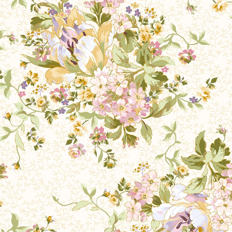 Floral fabric pattern featuring pink, yellow, and purple flowers on a light cream background.