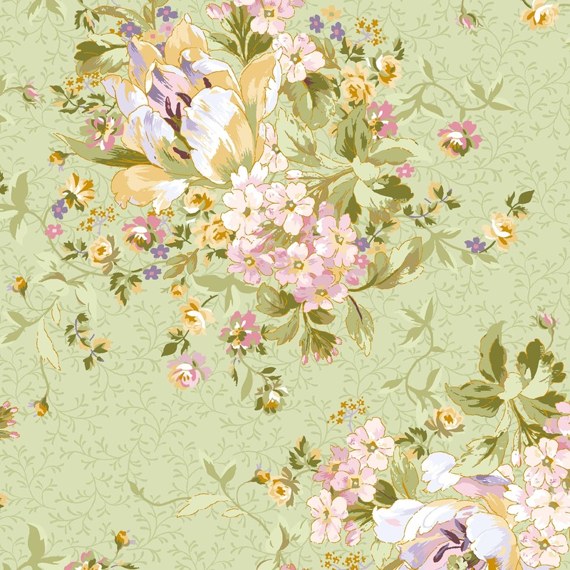 Floral fabric pattern featuring pink, yellow, and purple flowers on a light green background.