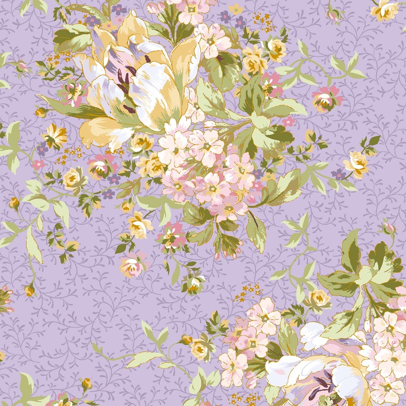 Floral fabric pattern featuring pink, yellow, and purple flowers on a light purple background.