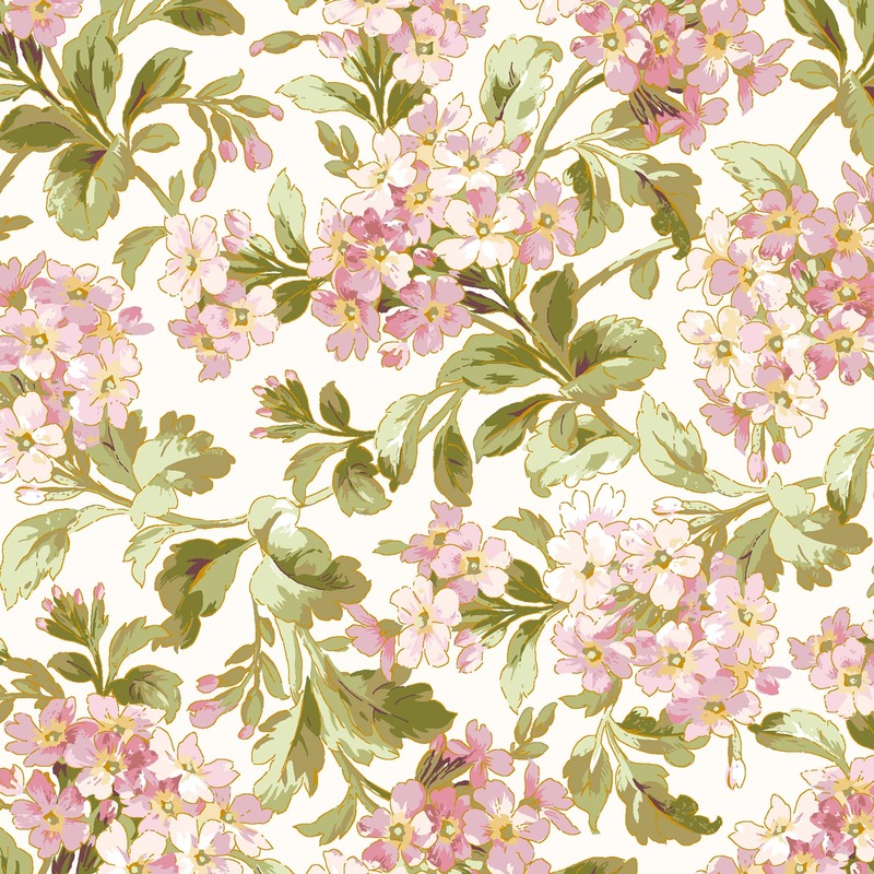 Floral pattern featuring pink flowers and green leaves on a cream background.