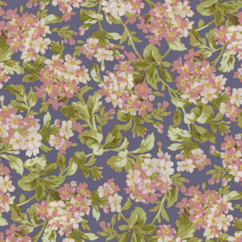 Floral pattern featuring pink flowers and green leaves on a purple background.