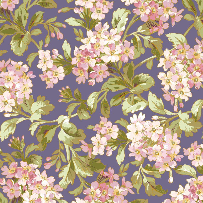 Floral pattern featuring pink flowers and green leaves on a purple background.