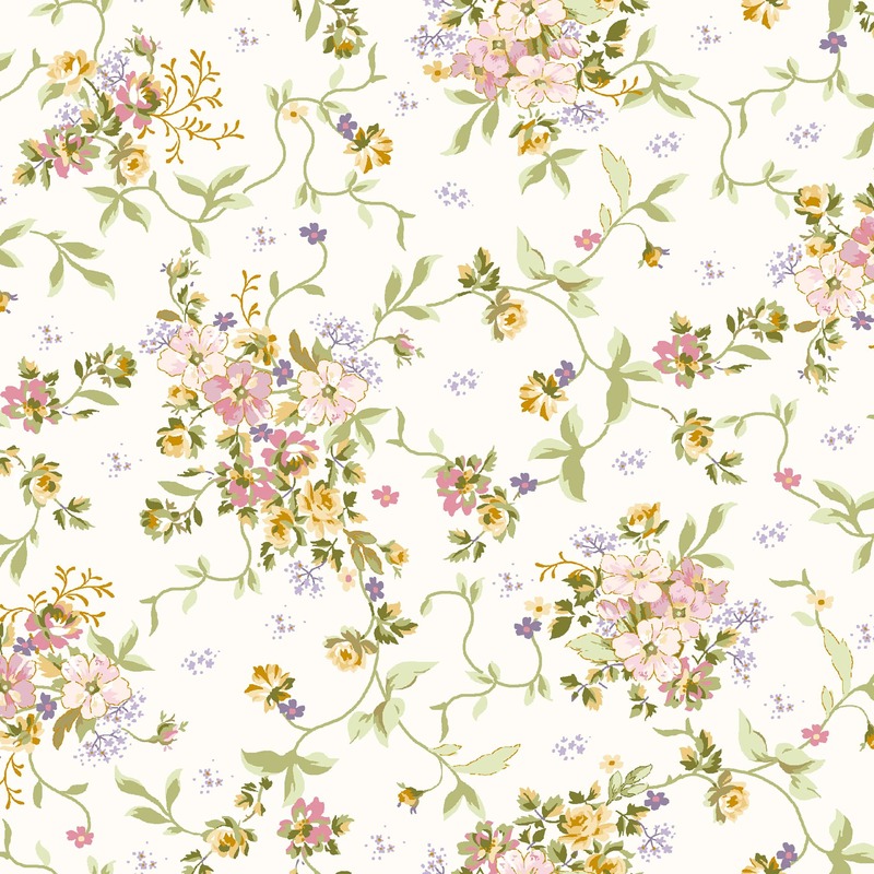 Floral pattern featuring pink, yellow, and purple flowers with green vines on a light cream background.