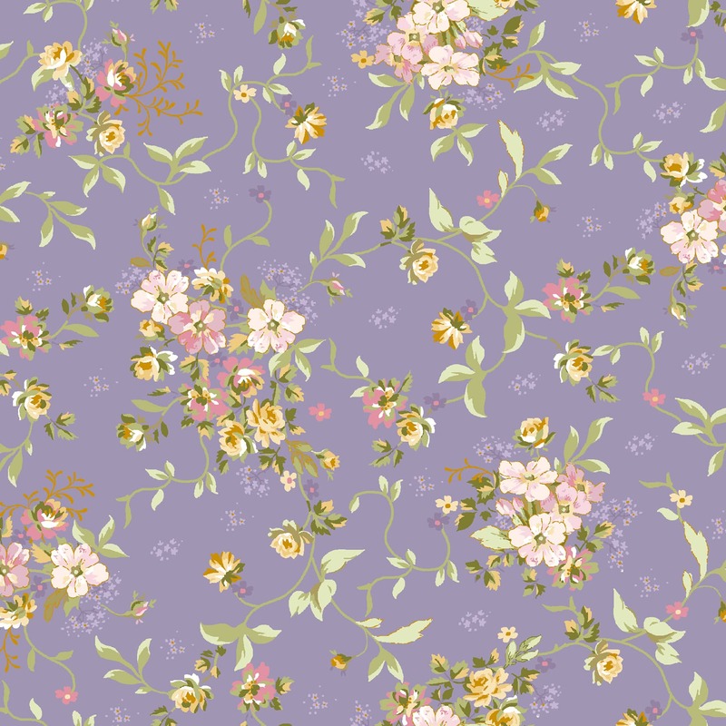 Floral pattern featuring pink, yellow, and purple flowers with green vines on a muted purple background.