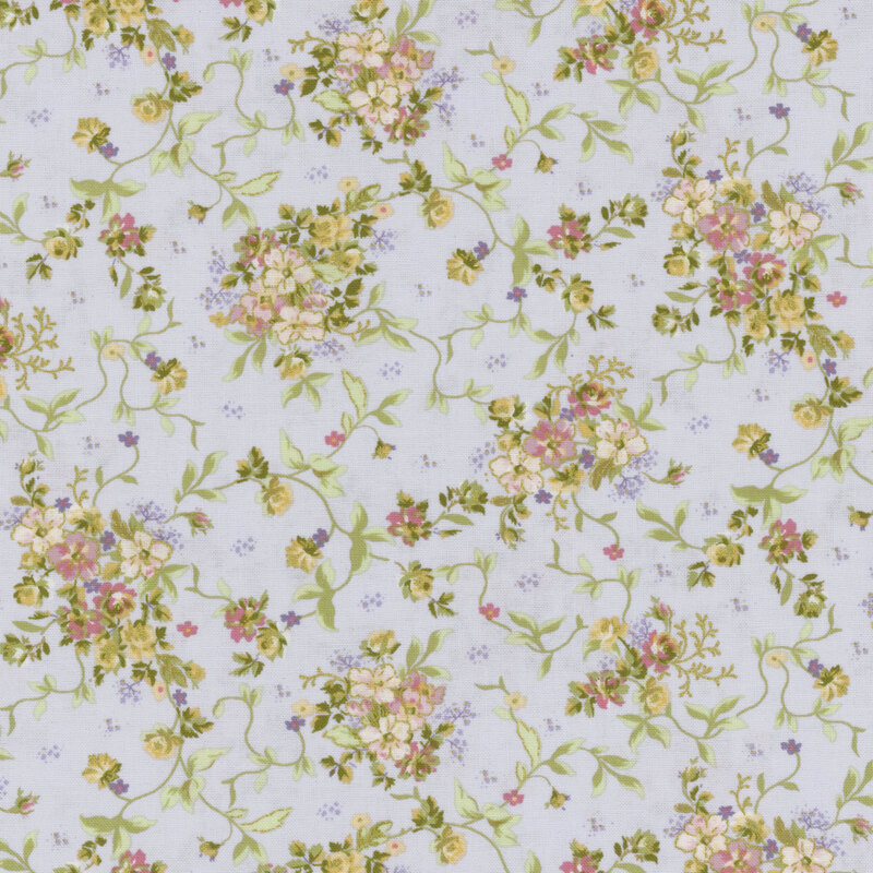 Floral pattern featuring pink, yellow, and purple flowers with green vines on a pastel purple background.