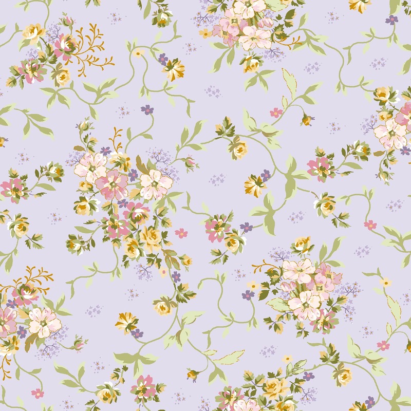 Floral pattern featuring pink, yellow, and purple flowers with green vines on a pastel purple background.