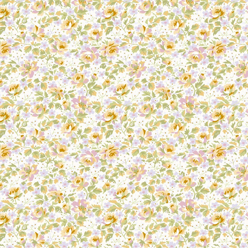 A repeating floral pattern featuring yellow and pink roses on a cream background.