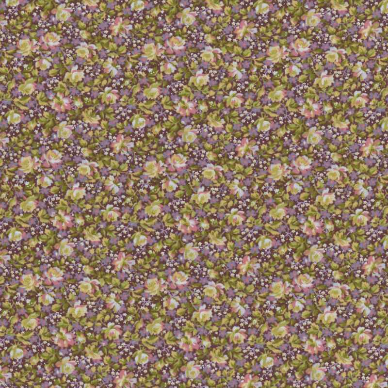 A repeating floral pattern featuring yellow and pink roses on a dark purple background.