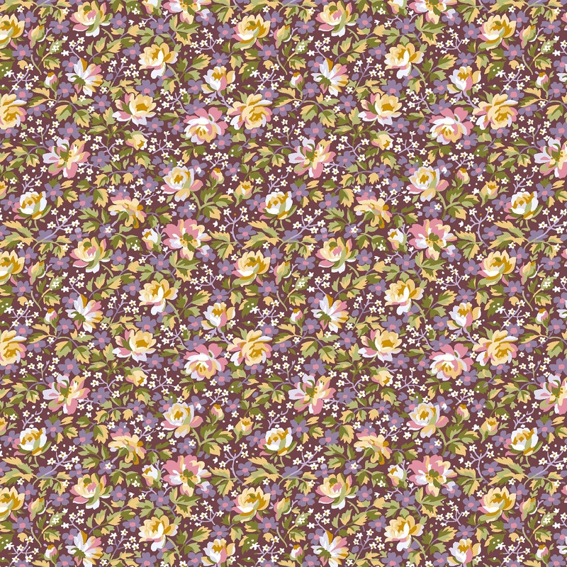 A repeating floral pattern featuring yellow and pink roses on a dark purple background.