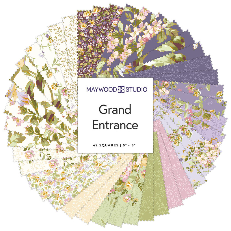 A circular display of 42 fabric squares featuring floral patterns in pastel colors labeled Grand Entrance.