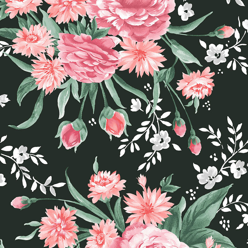 A dark background patterned with various pink and white flowers and green leaves.