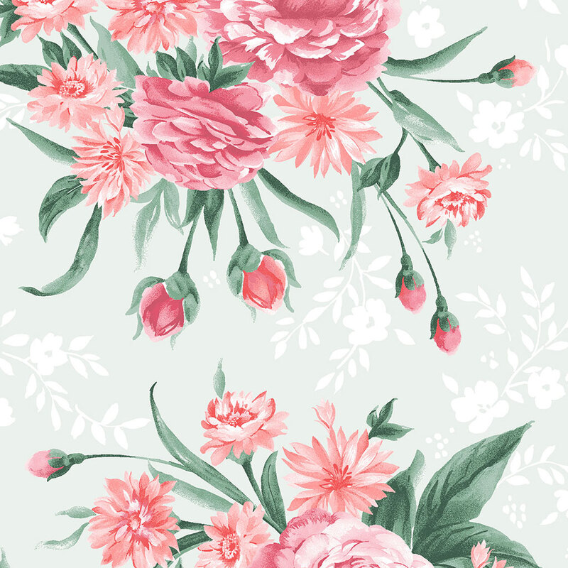 Floral pattern featuring pink peonies, roses, and other flowers on a mint green background.