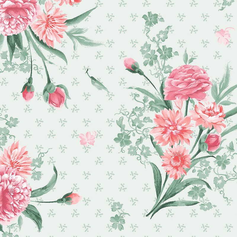 Floral pattern featuring pink flowers, green leaves, and a light mint background with subtle details.