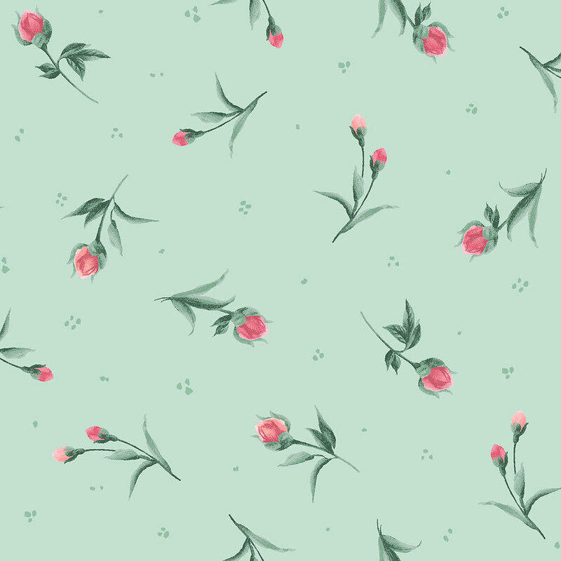 Light green background with a repeated pattern of pink rosebuds and green leaves.