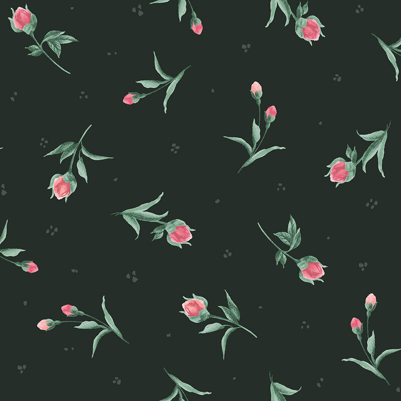 Pattern of pink buds and green leaves on a dark background.