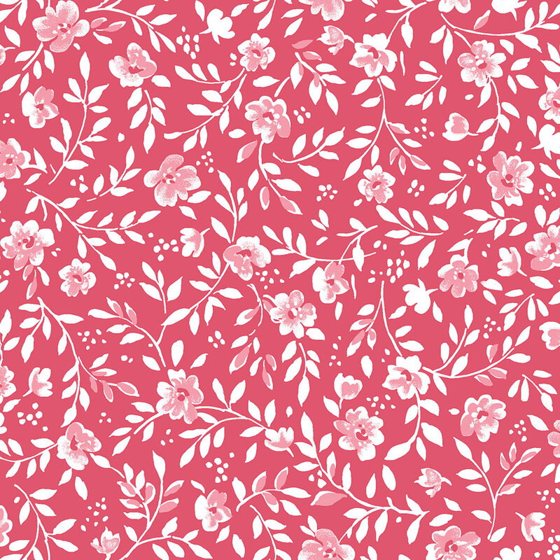 Pink floral pattern featuring various flowers and leaves against a solid pink background.