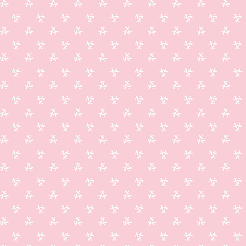 Light pink background with a repetitive pattern of small white flowers scattered across.