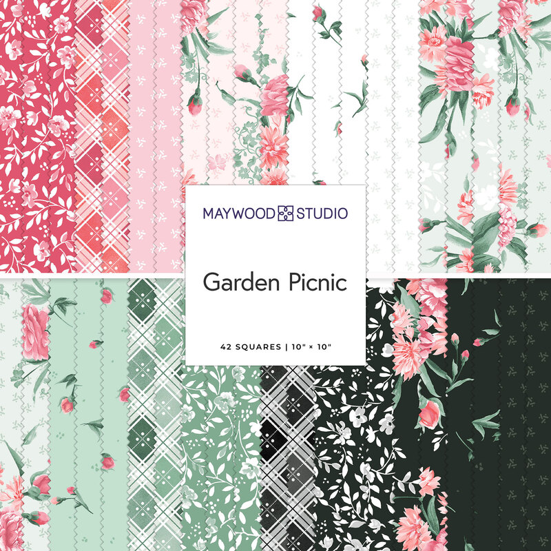 A collection of fabric squares titled Garden Picnic featuring floral and patterned designs.