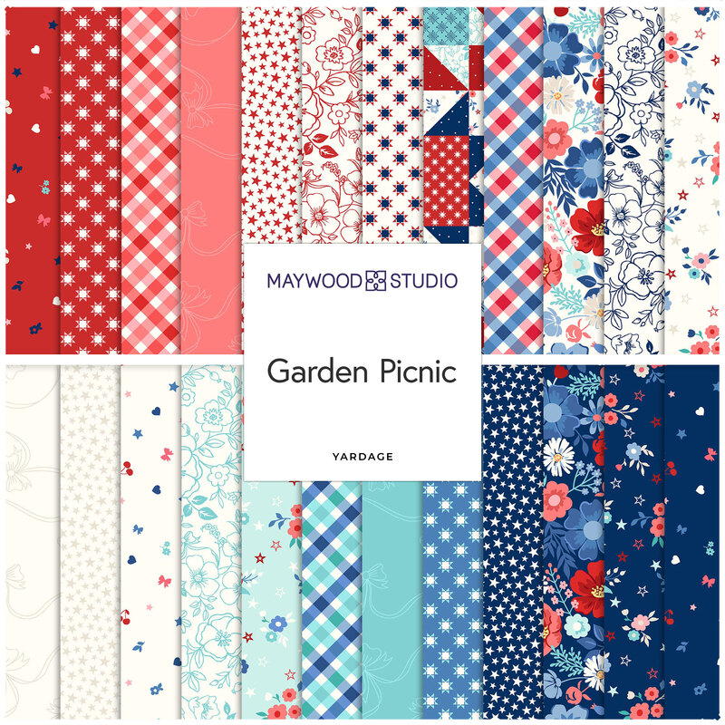 A collage of colorful fabric patterns from the Garden Picnic collection by Maywood Studio.