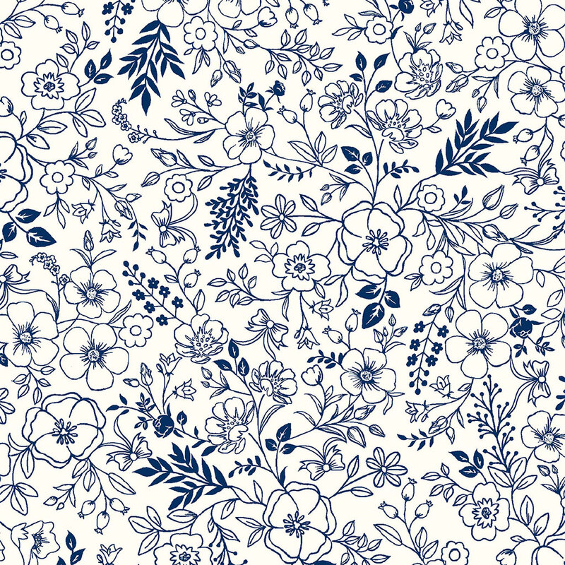 Navy floral pattern with various flowers and leaves on a light background.