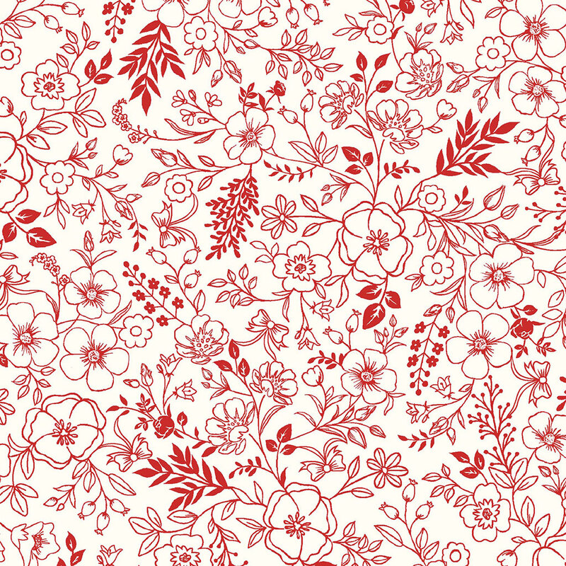 Red floral pattern on a cream background, featuring various flowers and leaves intricately designed.