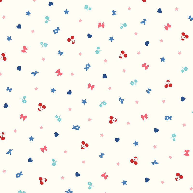 Patterned fabric featuring small red cherries, blue hearts, pink stars, and flowers on a cream background.x