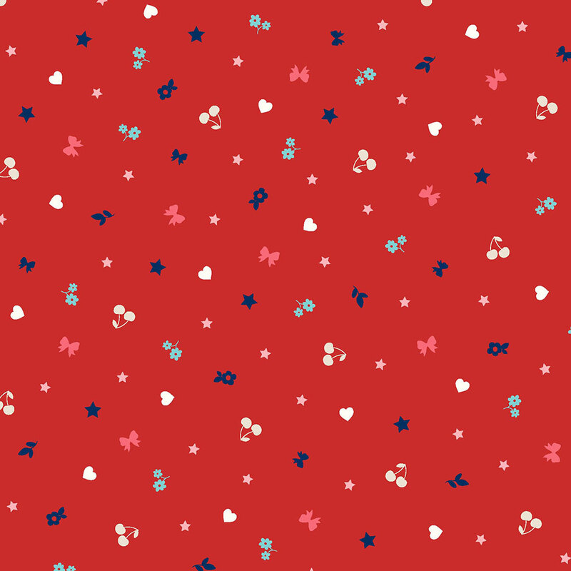 Red background with a scattered pattern of hearts, stars, flowers, cherries, and butterflies. 